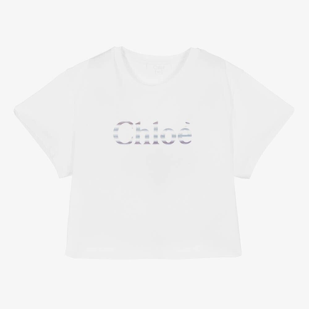 Chloé Girls' Logo Short Sleeve Cropped T Shirt Tee white Size 2Y 2 Years NEW